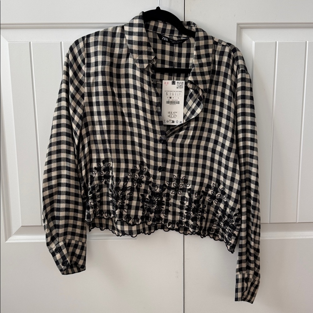 Zara Black and Cream Checkered eyelet Shirt